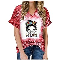 Artism Mom Bleached Shirts Mama Cute Head V-Neck T-Shirts Summer Casual Loose Fit Short Sleeve Funny Tops Blouses