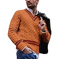 Men's Long-Sleeve Fisherman Cable V Neck Sweater Casual Color Block Striped Knit Pullovers Trendy Sweaters for Man
