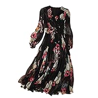 Women Dress Silk Floral Printed V Neck Long Sleeve Elastic High Waist Midi Black A Line Skirt 2780