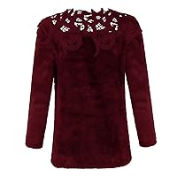 Womens Fashion Furry Stitching Lace Blouse Loose Slim Warm Long Sleeve Pullover Top Casual Crew Neck Solid Color Sweater