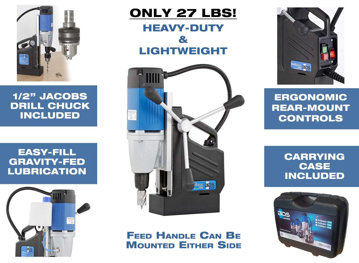 CS Unitec | MABasic 200 Portable Magnetic Drill Press | 900W 2-Speed Benchtop Power Drill Machine w/up to 1-3/8
