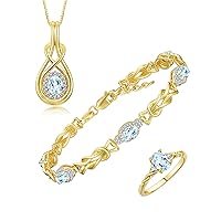Rylos Matching Jewelry Love Knot Set: Yellow Gold Plated Silver Tennis Bracelet, Ring & Necklace. Gemstone & Diamonds, Adjustable 7