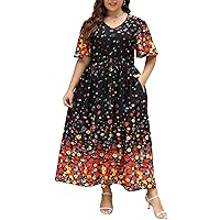 Nemidor Womens Plus Size Boho Floral Print Casual Flared Maxi Dress with Pocket NEM420
