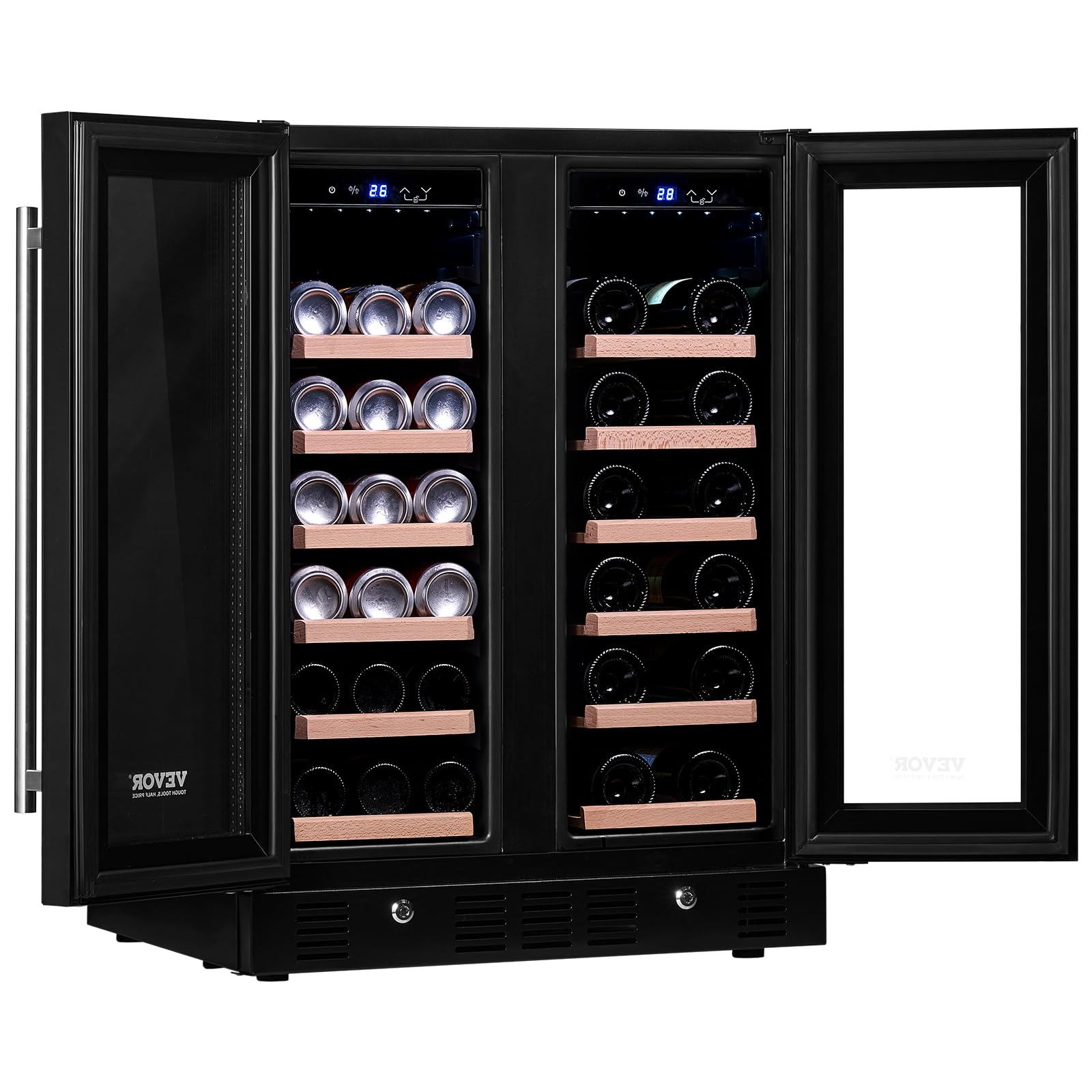 VEVOR 78 Cans and 20 Bottles Dual Zone Wine Refrigerator 24” Beverage Cooler with Digital Temperature Control, Tempered Glass Door, Child Lock, Low Noise, Freestanding or Built-in, ETL, Black