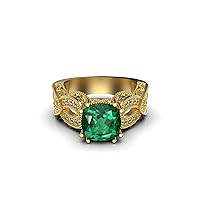 Natural Emerald And Diamond Wedding Engagement Ring 18K Solid Gold Cushion Cut Shape Emerald Weight 4 CTW