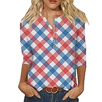 4Th of July Tops for Women Summer 3/4 Length Sleeve Button Down Shirts Flag Oversized Graphic Tees Crew Neck Blouses