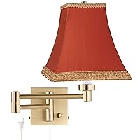 Barnes and Ivy Alta Swing Arm Wall Mounted Lamp Warm Antique Brass Plug-in Light Fixture Gold Trimmed Rust Orange Square Shade for Bedroom Bedside House Reading Living Room Home Hallway Dining