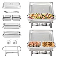 VEVOR Chafing Dish Buffet Set, 8 Qt 2 Pack, Stainless Chafer w/ 2 Full & 4 Half Size Pans, Rectangle Catering Warmer Server w/Lid Water Pan Folding Stand Fuel Tray Holder Clip, at Least 8 People Each