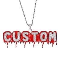 FEEL STYLE Bubble Custom Letter Necklace Iced Out Customized Name Pendant Initials Necklace with 24 Inch Rope Chain Hip Hop Halloween Vampire Jewelry for Men Women