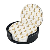 Gold Glitter Pineapples Fruit Print Coaster,Round Leather Coasters with Storage Box for Wine Mugs,Cold Drinks and Cups Tabletop Protection (6 Piece)