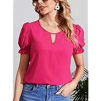 Womens Summer Tops Keyhole Neck Puff Sleeve Blouse (Color : Hot Pink, Size : Small)