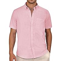 Alimens & Gentle Mens Linen Shirt Short Sleeve Casual Cotton Button Down Shirts Collared Summer Beach Shirts