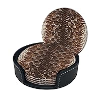 Snake Skin Print Coaster,Round Leather Coasters with Storage Box for Wine Mugs,Cold Drinks and Cups Tabletop Protection (6 Piece)