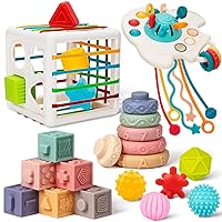 Baby Toys 6 to 12 Months, 5 In 1 Montessori Toys for 1 Year Old, Incl Travel Pull String Toy & Shape Sorter & Stacking Baby Block & Soft Infant Ring & Sensory Ball for Toddler 0-3-6-9-12 Month