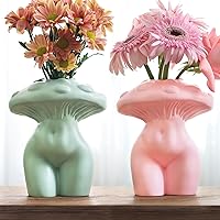 Mushroom Female Body Vase for Decor, Quirky Unique Cute and Funny Boho Decor for Home Sage Green & Pink