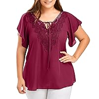 Women's Plus Size Summer Ruffle Short Sleeve Lace Crochet Tunic Tops Trendy Lace Up V Neck Shirts Loose Casual Blouse