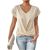 Solid Twist Front Batwing Sleeve Blouse Casual V Neck Short Sleeve Top