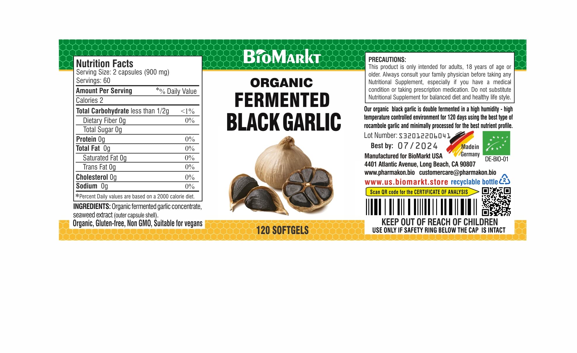 PHARMAKON Organic Aged Black Garlic, Bioavailable Soft Capsules, Wholesome, Reduced Odor (120 Count)