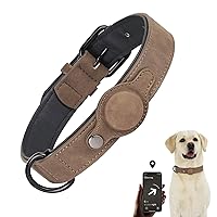 Didog Soft Breathable Padded Leather Dog Collar with Airtag Holder, Heavy Duty Air Tag Dog Collar with Metal Buckle for Medium Large Dogs, Brown,M