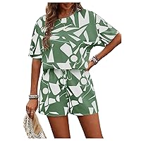 Women's 2 Piece Outfits Geo Print Round Neck Short Sleeve T Shirt and Shorts Set