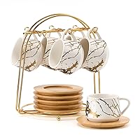 LUKA Ceramic Espresso Cups with Saucers and Metal Stand, Small 4 oz Porcelain Demitasse Cups Set of 6, Cute Cappuccino Coffee Cups for Double Espresso, Tea, Marbling White