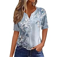 Casual Tops for Women, Vintage Boho Fashion Printed V-Neck Decorative Button T-Shirt Casual Summer Tops