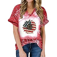 Women Tie Dye USA Flag Sunflower Casual Summer Tops Trendy Loose Fit July 4th Patriotic V Neck Short Sleeve Tops