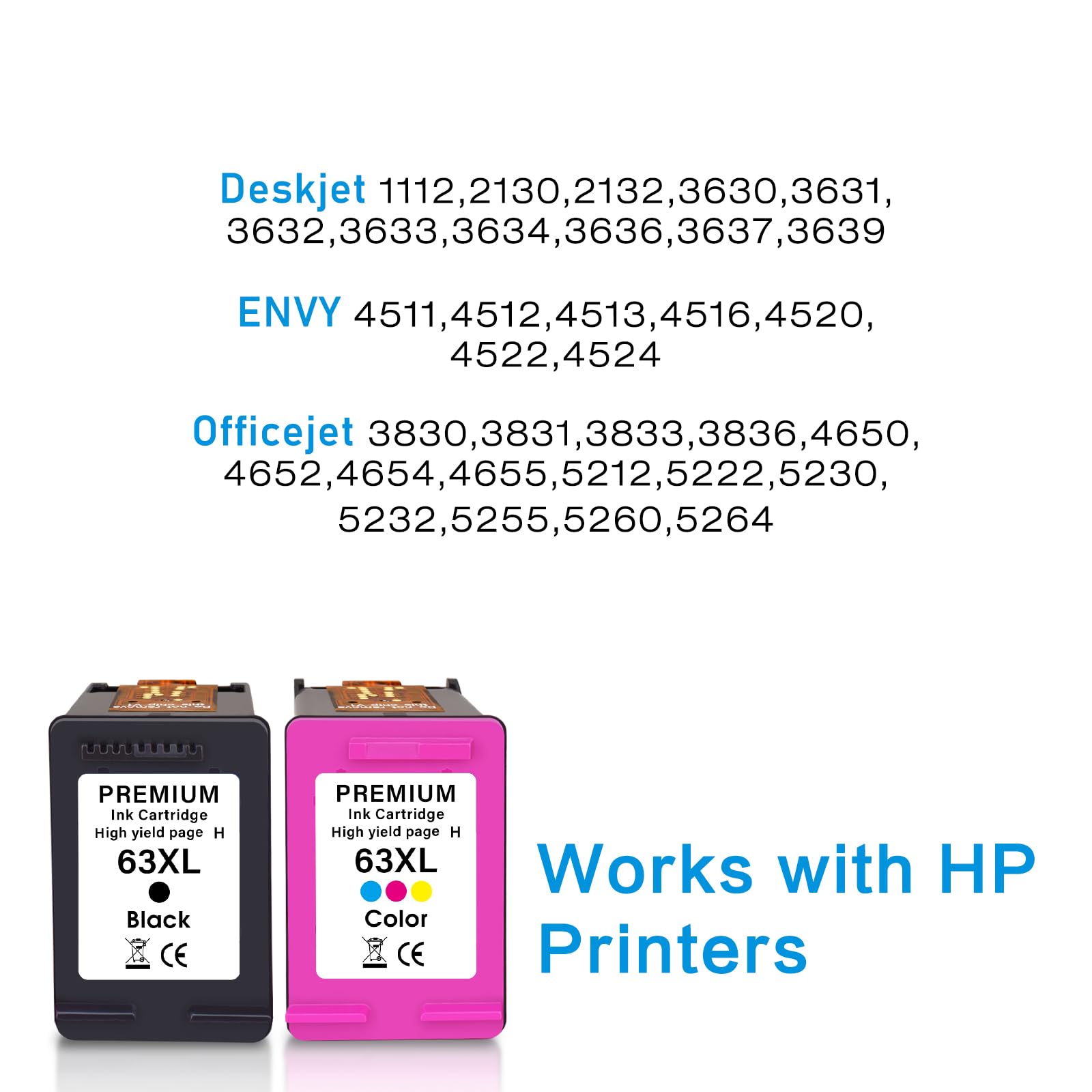 63 XL High Yield Ink Cartridge Combo Pack Replacement Compatible for HP 63XL Ink Cartridge for HP Envy 4520 4512 4516; Officejet 3830 4655 5255; Deskjet 1112 2130 3630 Printer (1 Black, 1 Tri-Color)