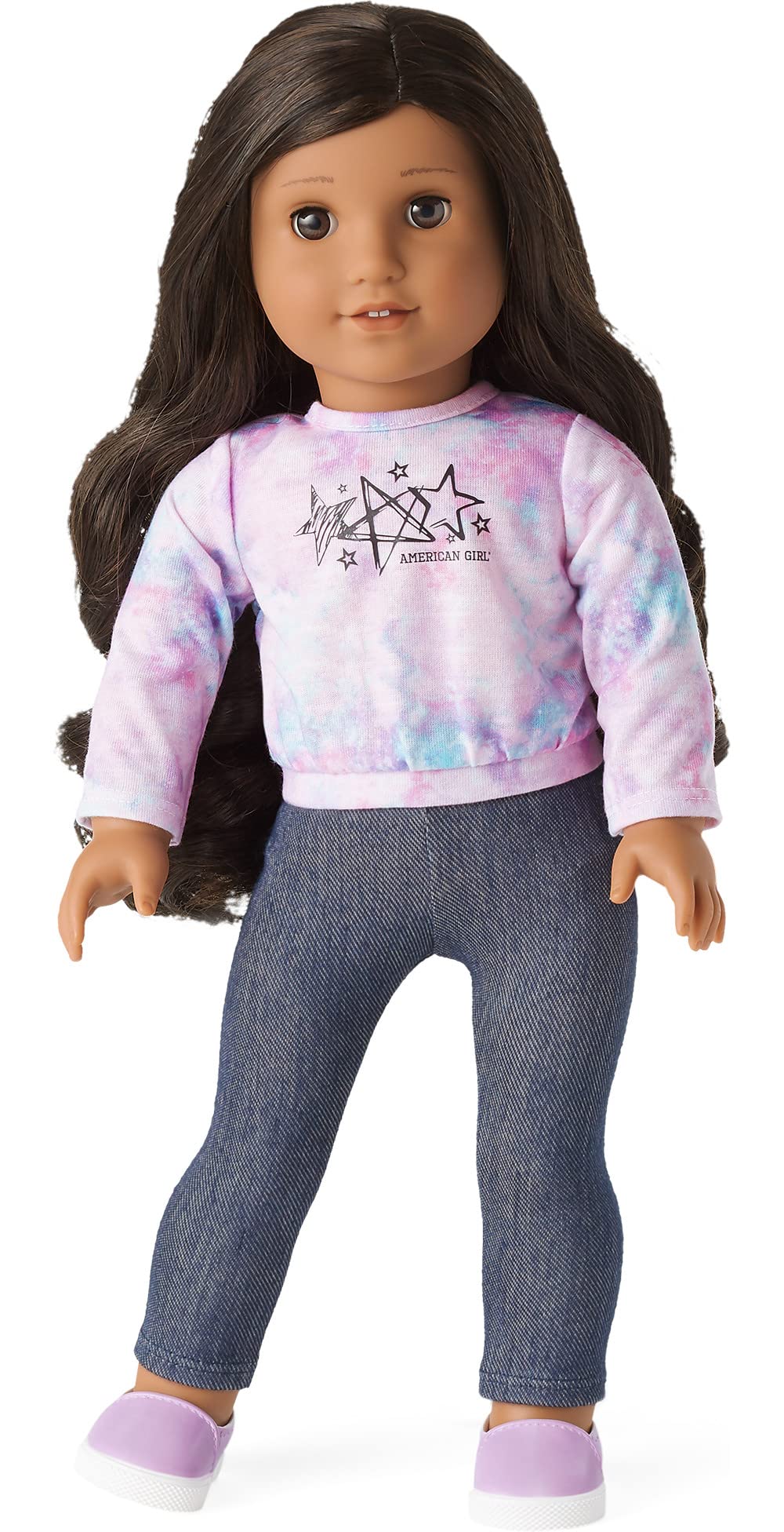 American Girl Truly Me 18-inch Doll 82 and School Day to Soccer Play Set with Brown Eyes, Curly Dark-Brown Hair, tan Skin with Warm Neutral Undertones, tie-dye Sweatshirt, Supplies, Game Gear Ages 6+