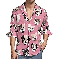 Puppy Love Dalmatian Pug Bull Dog Men's Button Down T Shirts Long Sleeve Casual Hawaiian Shirt Pocket Print Top