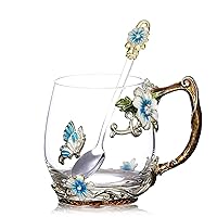 Flower Tea Cups,Glass Mug with Spoon Set, Valentine's Day Gifts for New Year, Anniversaries, Parents, Weddings, Engagements, Couples Mug Cups Tall/Short all kind… (Butterfly Flower Blue Short 12oz)