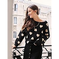 Womens Hoodies Pullover Heart Pattern Sweater Sweaters (Color : Black, Size : Small)