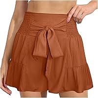 Women Bowknot High Waist Shorts Summer Flowy Ruffle Hem Shorts Casual Shorts Smocked Elastic Waisted Athletic Shorts