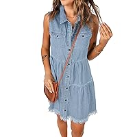 luvamia Women's Casual Summer Lapel Sleeveless Button Down Short Denim Jean Dress