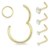5PCS Surgical Steel Nose Rings for Women L Shaped CZ Nose Ring Stud 18G 20G Hinged Nose Rings Hoops for Men Nose Piercing 6/7/8/9/10/12MM 18G Gold 8MM