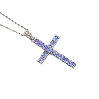 Natural 4X3 MM Oval Cut Tanzanite Gemstone Holy Cross Pendant Necklace 925 Sterling Silver December Birthstone Tanzanite Jewelry Unisex Proposal Necklace Gift For Girlfriend (PD-8541)