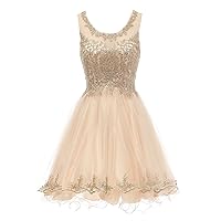 Juniors Cocktail Party Dresses Tulle with Gold Lace Applique Dance Prom Dress,10