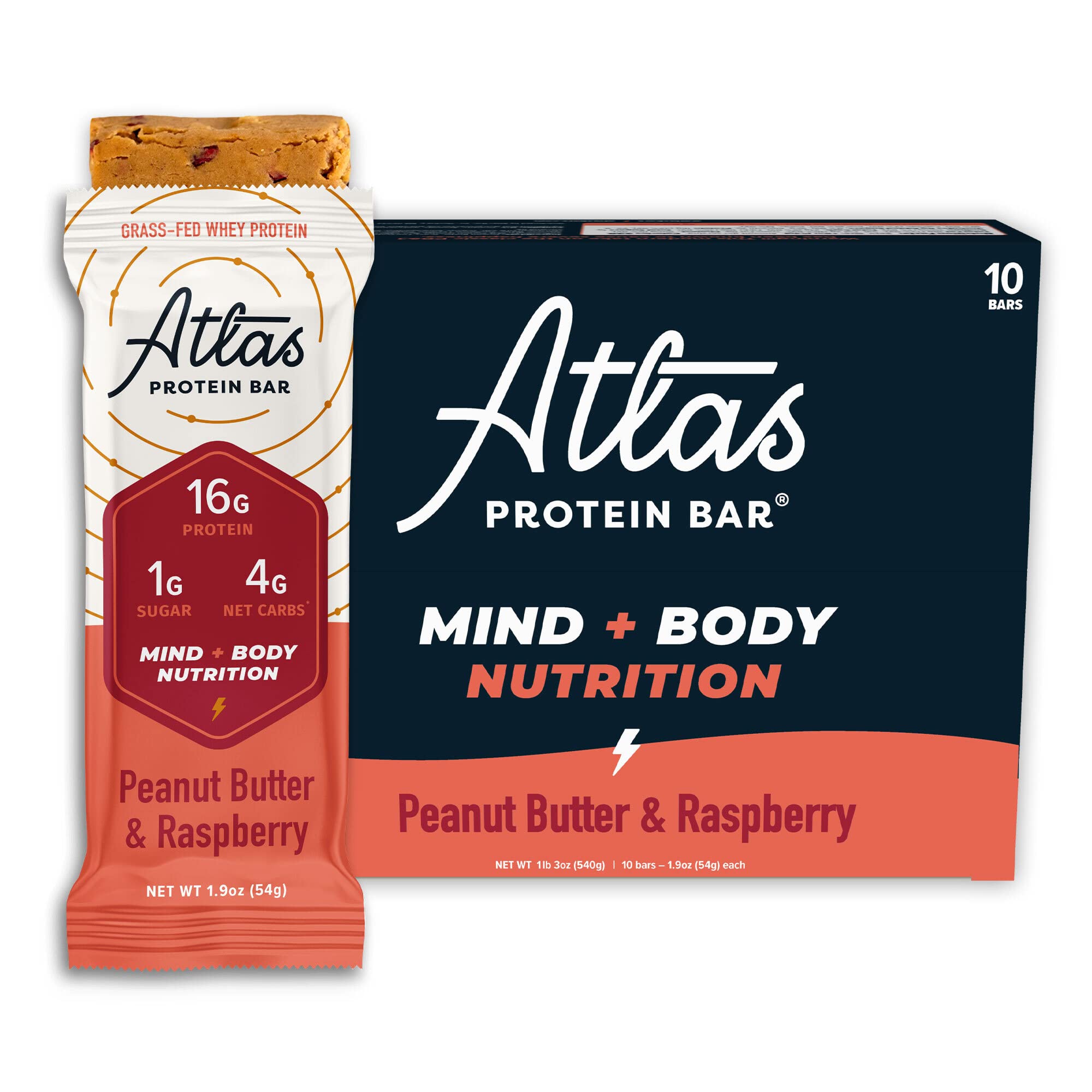 Atlas Protein Bar Mind + Body Fuel, Peanut Butter Raspberry, Erythritol Free, High Protein, Low Sugar, Low Carb, Keto, Gluten Free (10 Count)