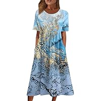 Independence Day Wedding Short Sleeve Dress Women Middy Fun Print Soft Cotton Slimming Patchwork Crew Neck Turquoise L