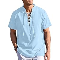 Men's Linen T-Shirt Lace Up Short Sleeve Henley Pirate Shirt Casual V-Neck for Beach Renaissance Viking Hippie Tops