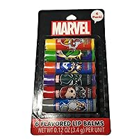 (1) 6 Piece Set Marvel Lip Balm by Taste Beauty (Each Balm is .12 oz) Thundering Berry, Laser Spy Cherry, Royal Grape, Red white and Blueberry, Stark Industries Fruit Punch and Incredible Apple Flavors