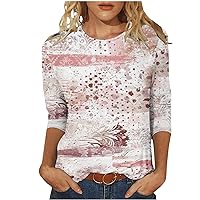 Womens 3/4 Mid-Length Sleeve Shirt 2023 Vintage Floral Print Round Neck Tops Summer Casual Comfy Slim Fit Tunic Blouse