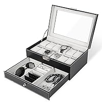 Watch Box, 12 Slots PU Leather Watch Display Case with Jewelry Drawer, Removable Watch Pillow, Metal Clasp, Watch Box Organizer for men and women, grey,black,clear