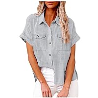Linen Shirts for Women Short Sleeve Button Down V Neck Collared Blouse Summer Dressy Solid Color Tops