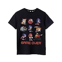 Sonic The Hedgehog Boys T-Shirt | Kids Black Game Over Short Sleeve Tee | Pixel 8-Bit Character Knuckles Tails Dr. Egg Man
