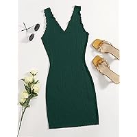 Dresses for Women Women's Dress Lettuce Trim Rib-Knit Bodycon Dress Dresses (Color : Dark Green, Size : Small)