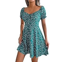 Women's Tie Front Cut Out Ruffle Hem Ruched Beach Mini Dress, Sexy Puff Sleeve Pleated Floral A Line Dresses for Women 2024