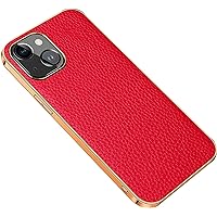 Case for iPhone 14/14 Plus/14 Pro/14 Pro Max, Genuine Leather Slim Flexible Plated TPU Bumper Back Cover with Camera Protection Phone Case (Color : Red, Size : 14)