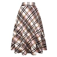 Long Plaid Wool Skirt for Womens Winter Fall Warm High Elastic Waist A line Flared Pleated Wool Tartan Skirts