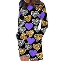 Women's Valentines Day Dress Sleeve Dress for Heart Print Casual Tunic Dress Pullover Hip Pack Sweater Dress, S-3XL